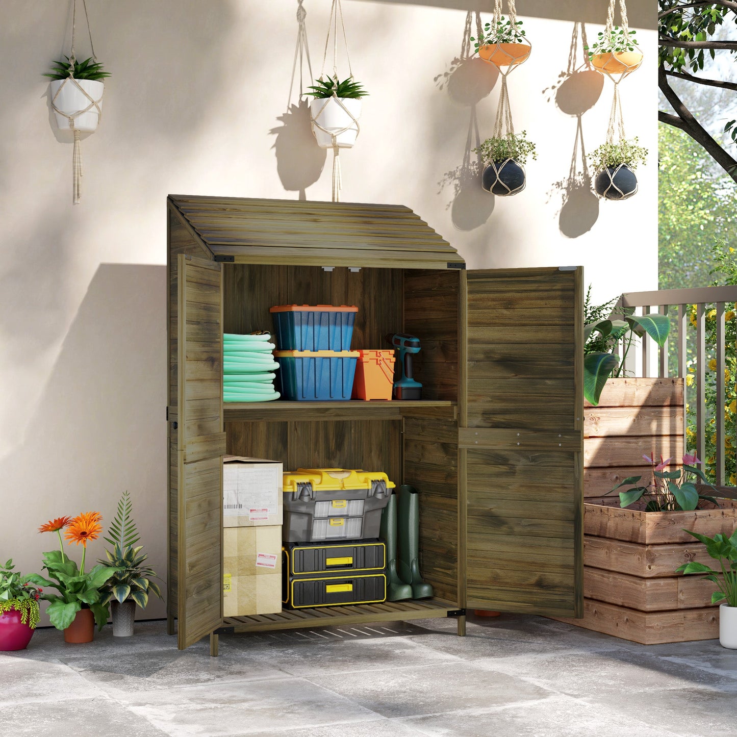 Outsunny Wooden Garden Storage Shed w/Double Doors and Shelves, Green