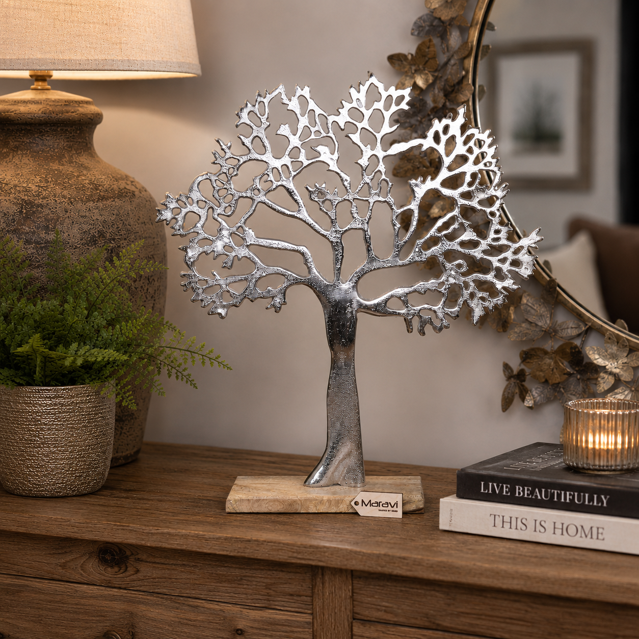 Lolam Tree Sculpture Ornament on Wooden Base 42cm