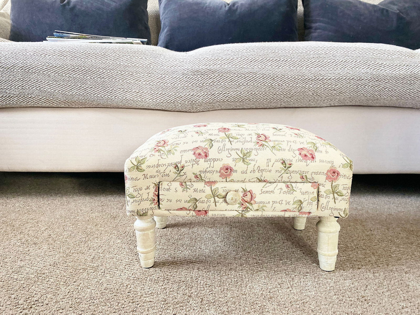 Roses Design Fabric Footstool with Drawer