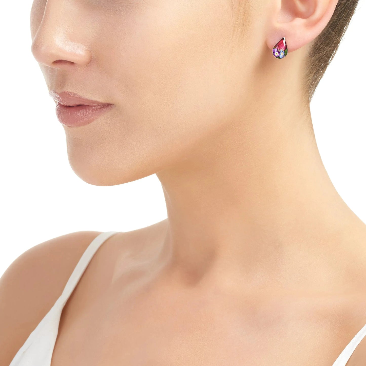 Sterling Silver Teardrop Stud Earrings with Real Flowers