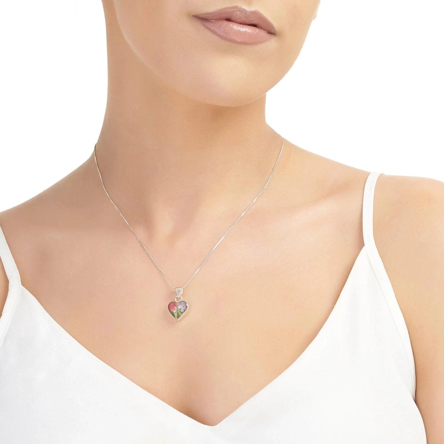 Sterling silver heart pendant with a real forget-me-not & miniature rose