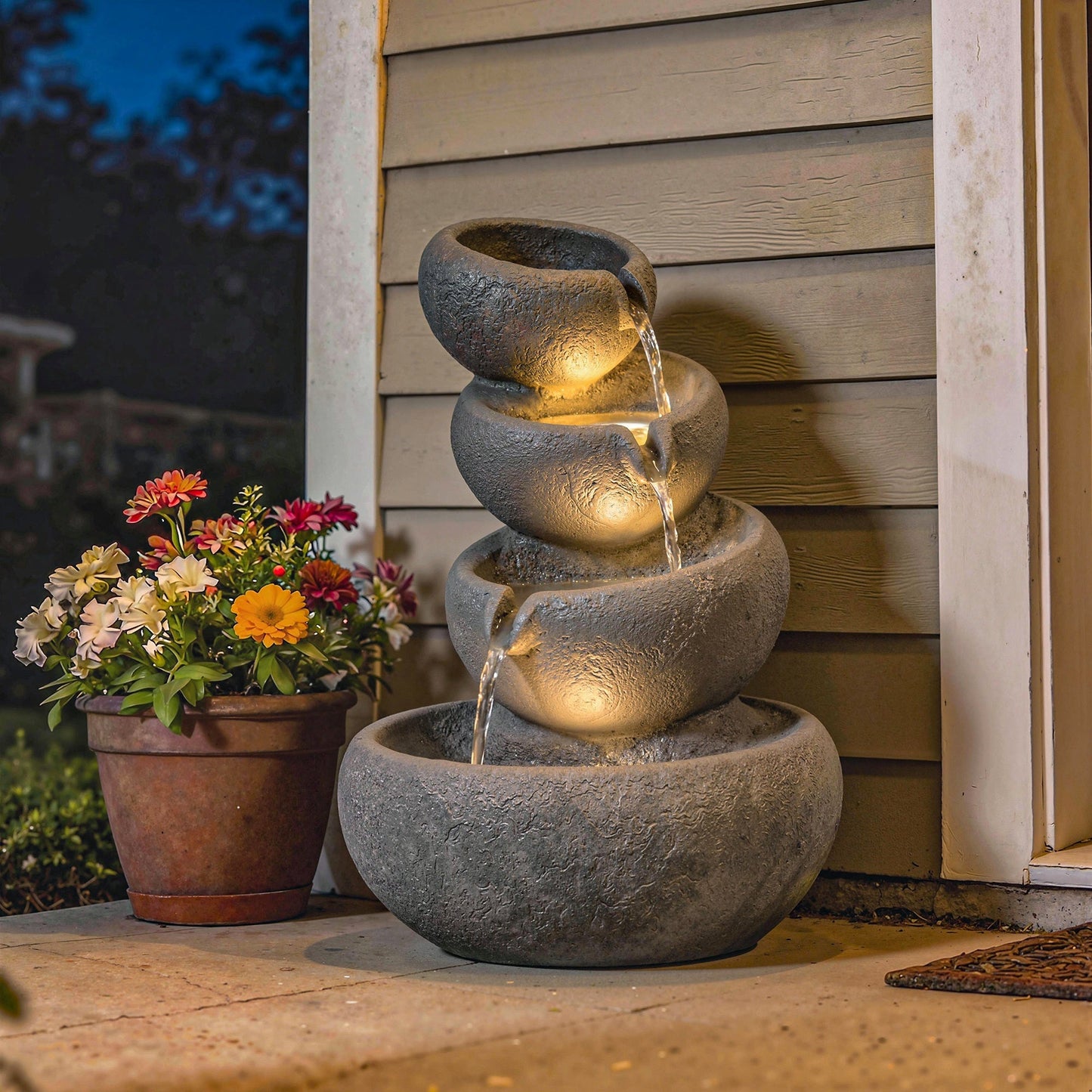 Outsunny 4-Tier Water Fountain Outdoor, Garden Water Feature with LED Lights and Pump, Freestanding Resin Waterfall for Patio