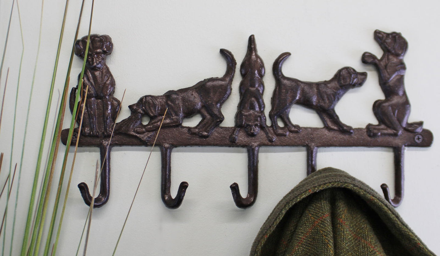 Rustic Cast Iron Wall Hooks, Playful Dog Design With 5 Hooks