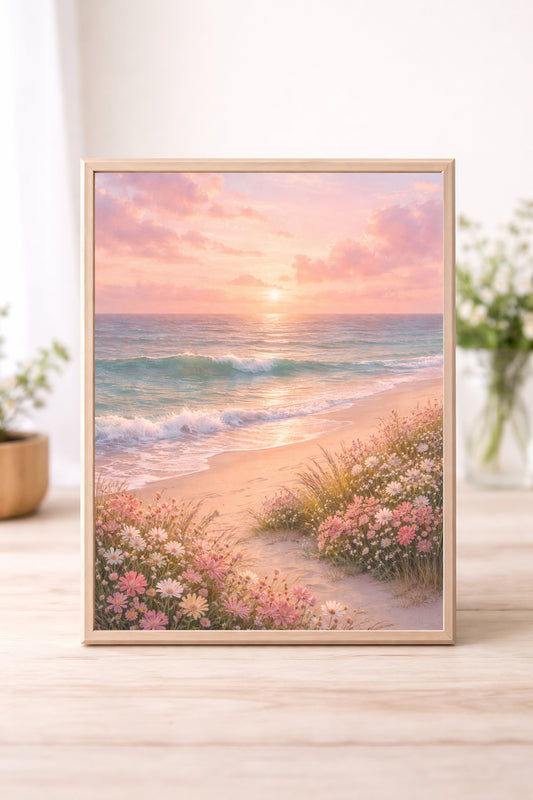 Pastel Coastal Beach Wall Art – Soft Sunset Seascape with Wildflowers Spring Summer Ocean Landscape Print