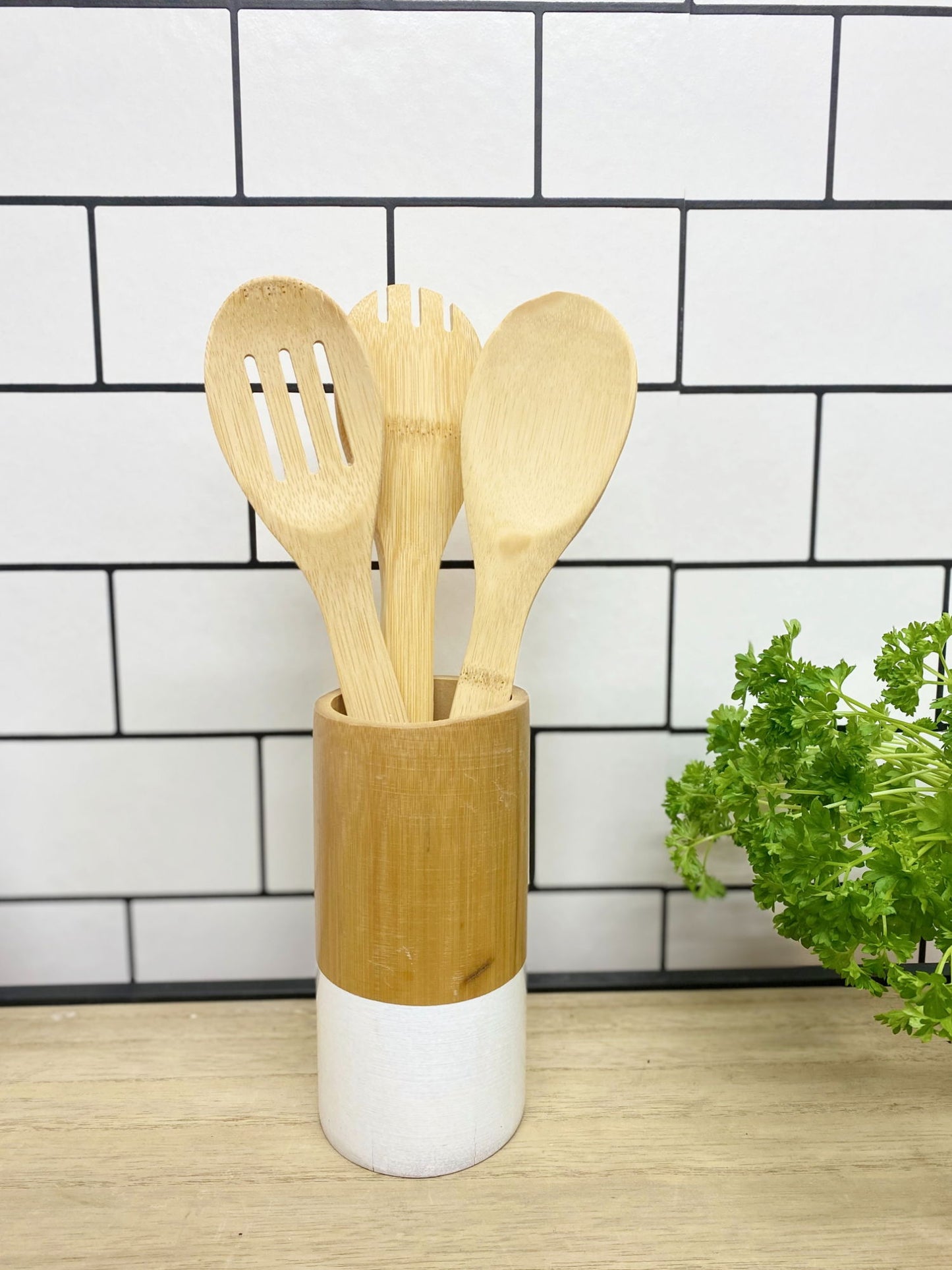 Six Piece Wooden Utensils with Round Holder