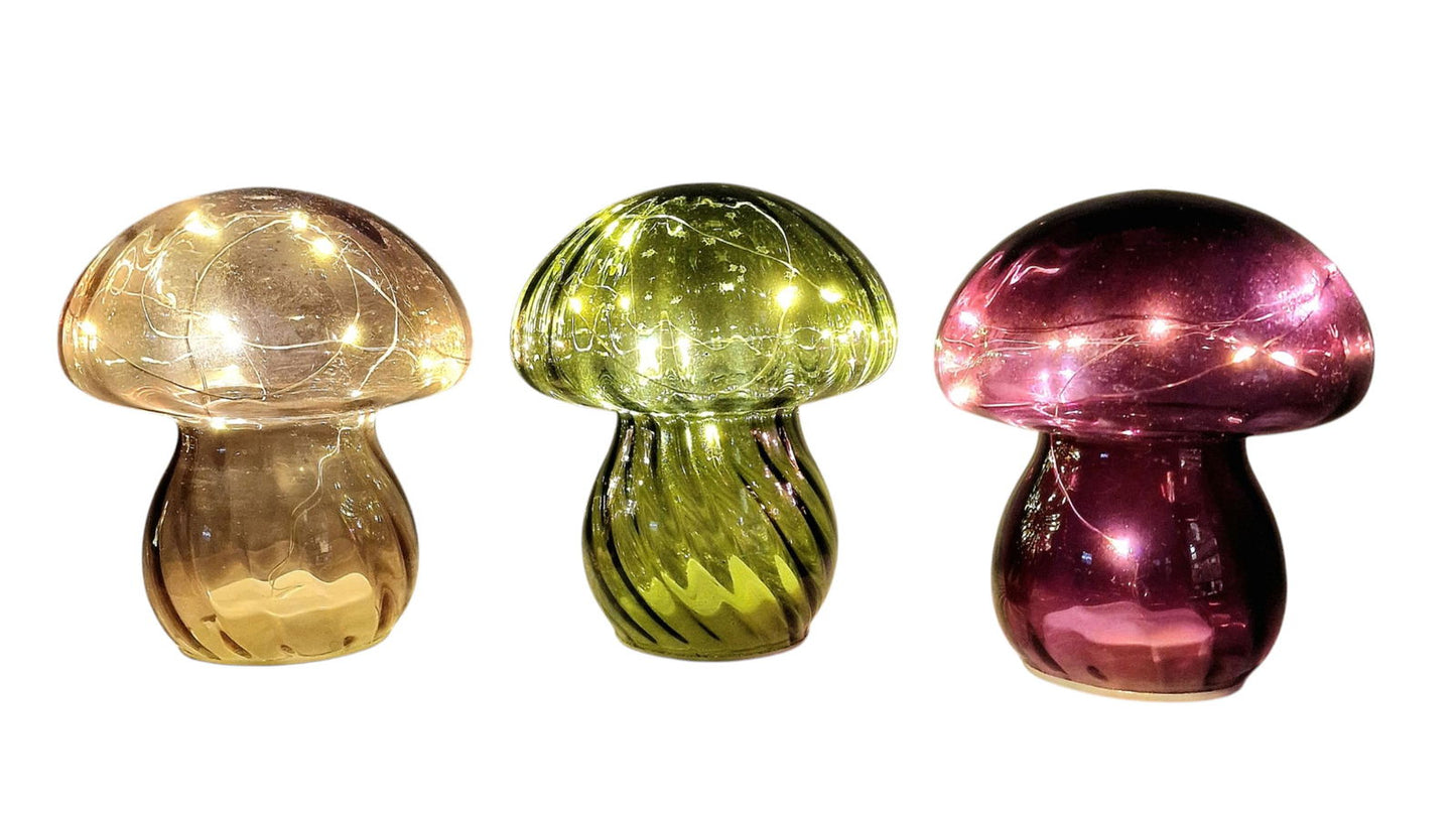 Coloured Glass Mushroom L.E.D Light Set of 3 G/P/P