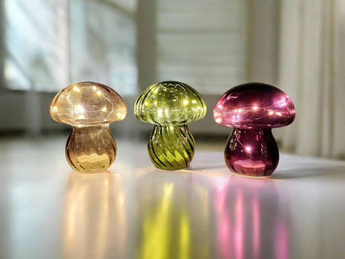 Coloured Glass Mushroom L.E.D Light Set of 3 G/P/P