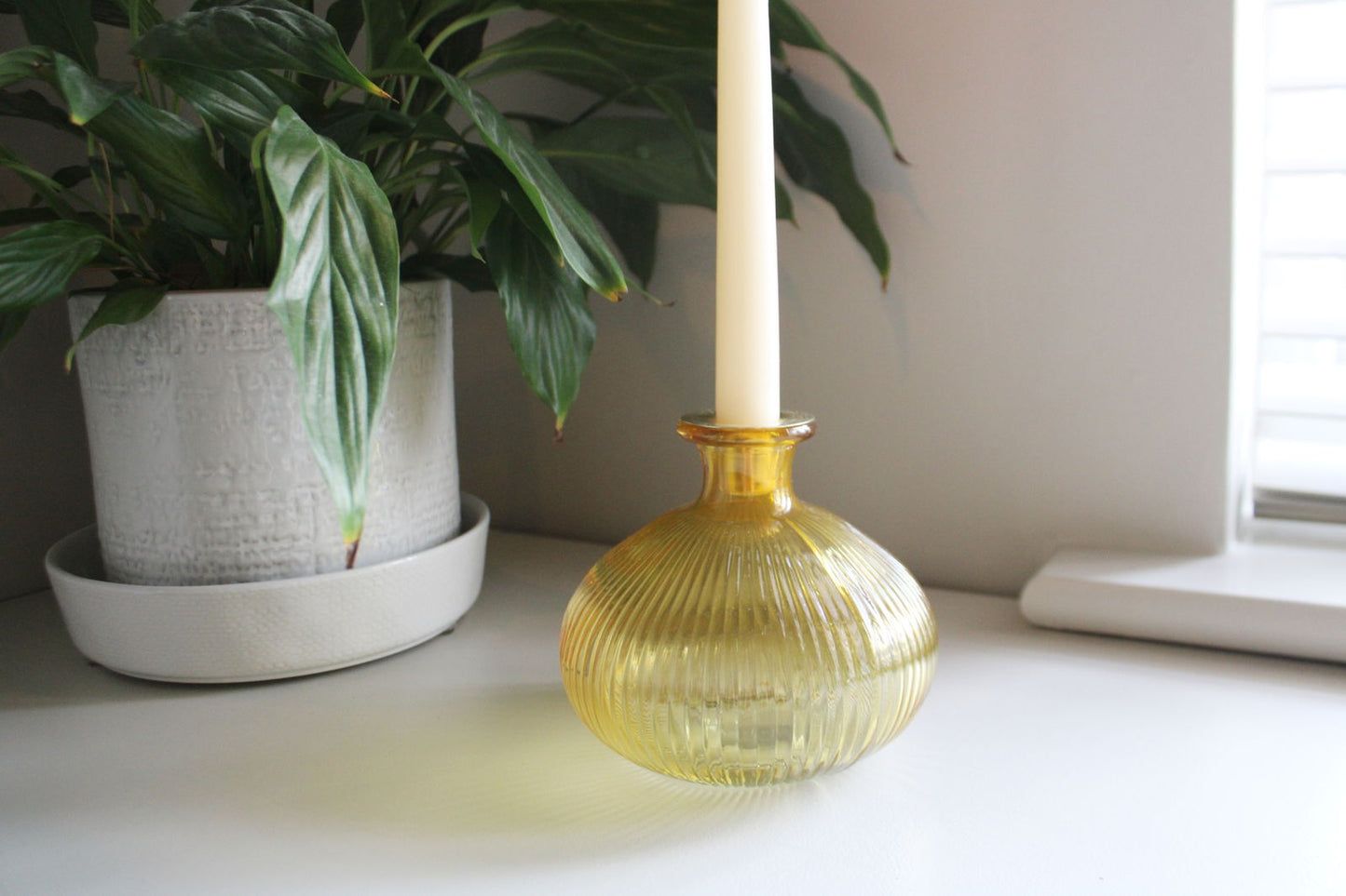 Yellow Ribbed Glass Candle Holder