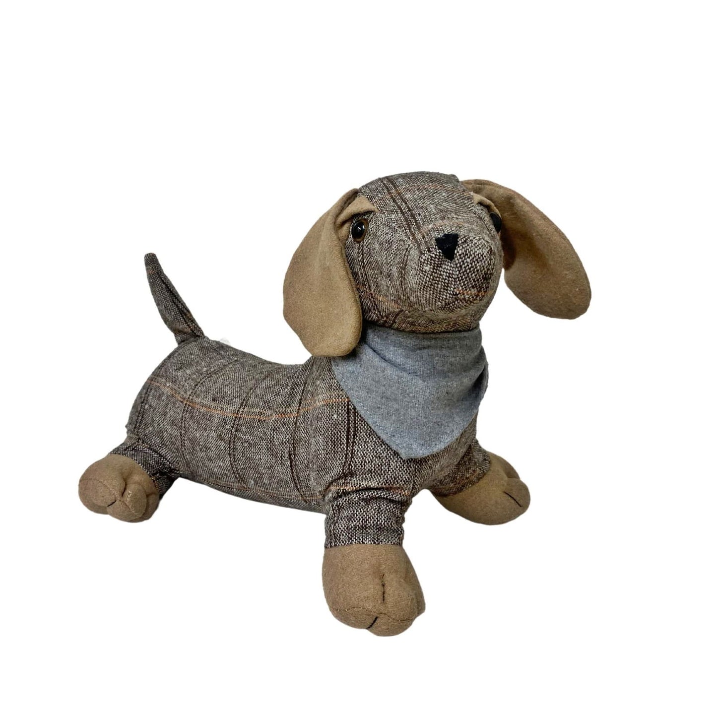 Tartan Fabric Sausage Dog Doorstop with Grey Bandana