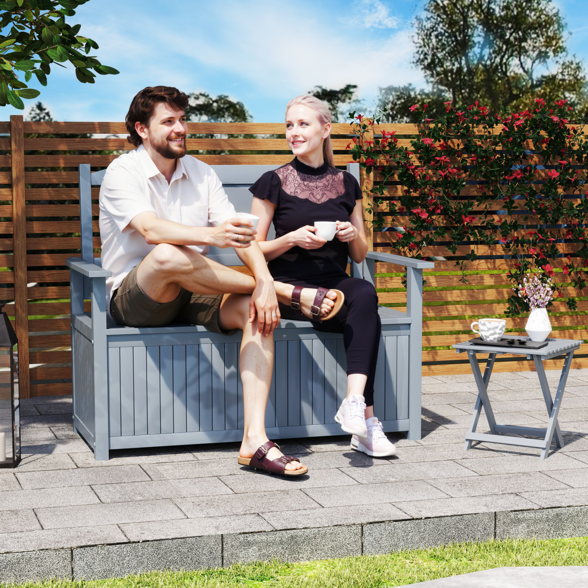 Outsunny 2 Seater Wood Garden Storage Bench Outdoor Storage Box