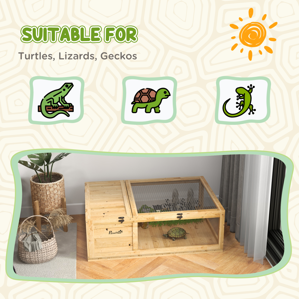 PawHut Tortoise House w/ Mesh Roof, Small Pet Reptile Wooden House