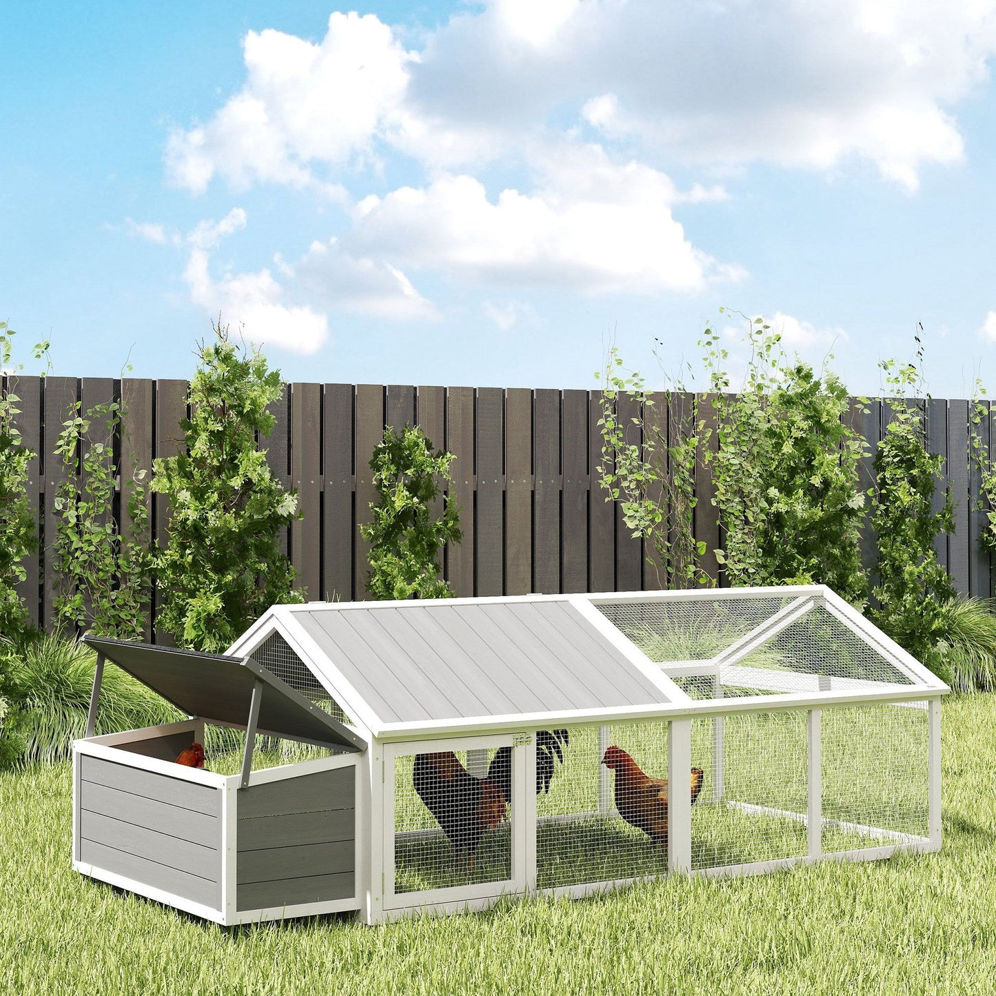 PawHut Wooden Chicken Run with Nesting Box, Openable Roof, for 4-8 Chickens
