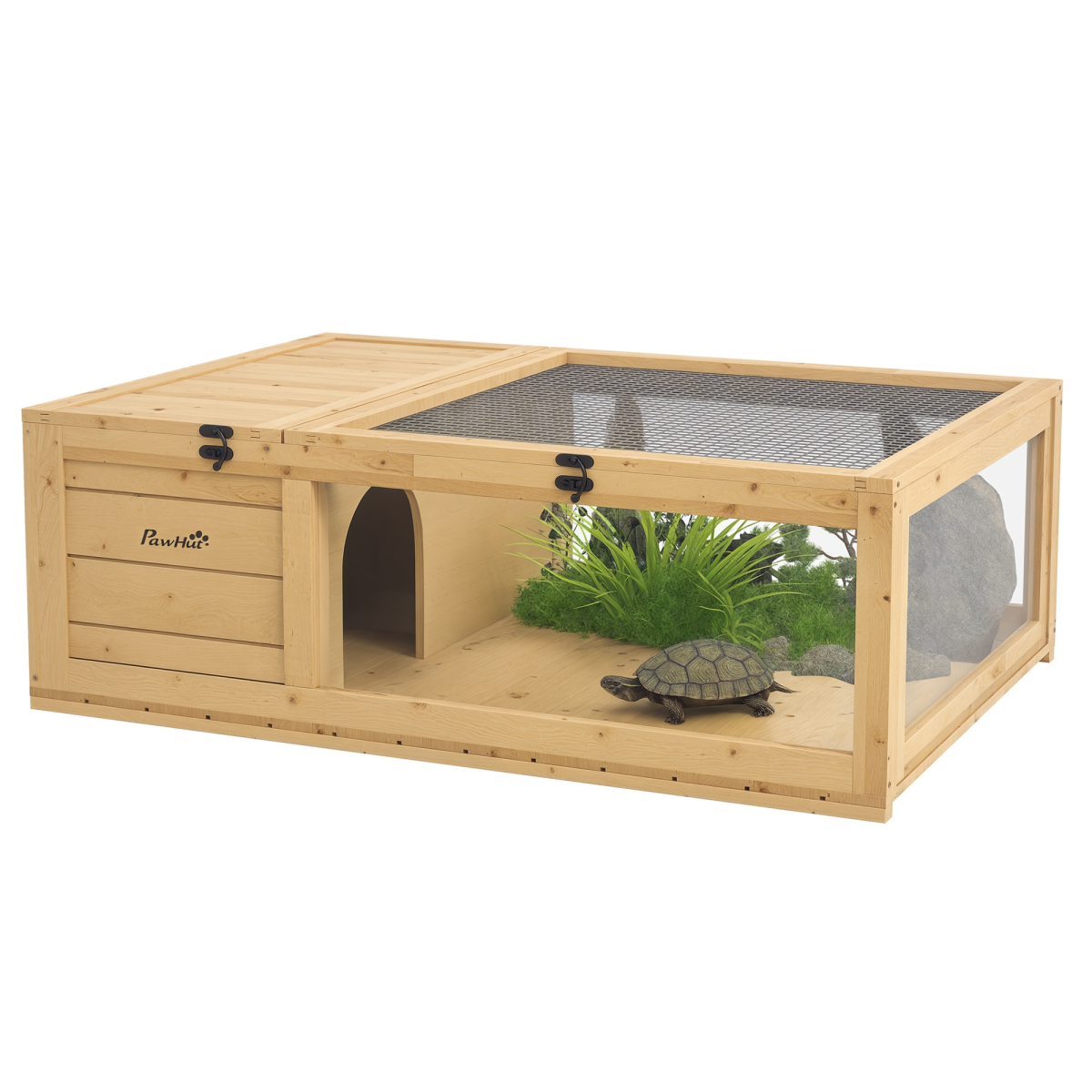 PawHut Tortoise House w/ Mesh Roof, Small Pet Reptile Wooden House