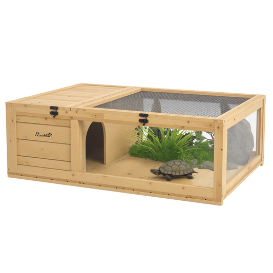 PawHut Tortoise House w/ Mesh Roof, Small Pet Reptile Wooden House