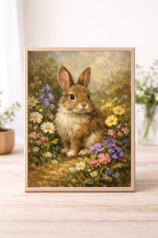 Vintage Bunny Wall Art – Spring Meadow Rabbit Floral Illustration Cottagecore Nursery Decor