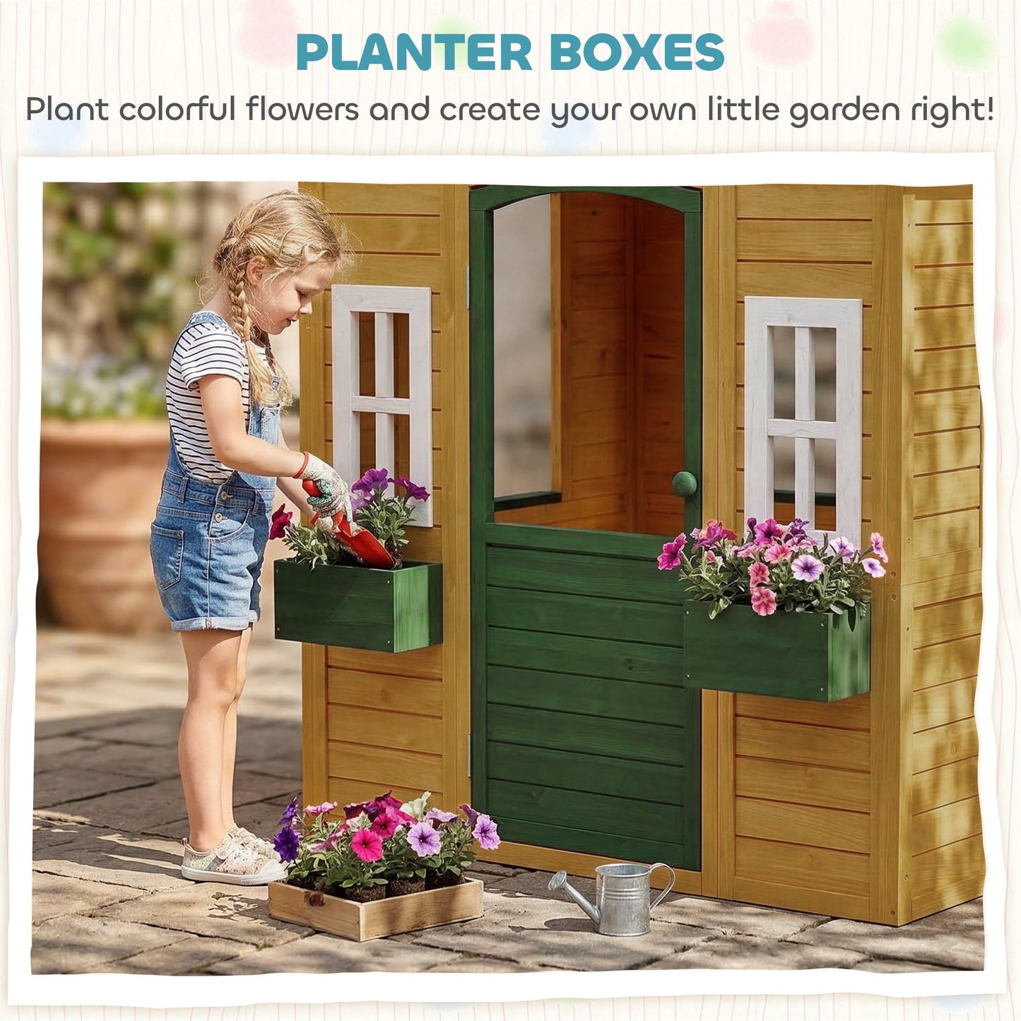 AIYAPLAY Outdoor Kids Playhouse, Wooden Wendy House with Door, 3 Windows, 2 Flower Boxes for Garden, Indoor Playroom