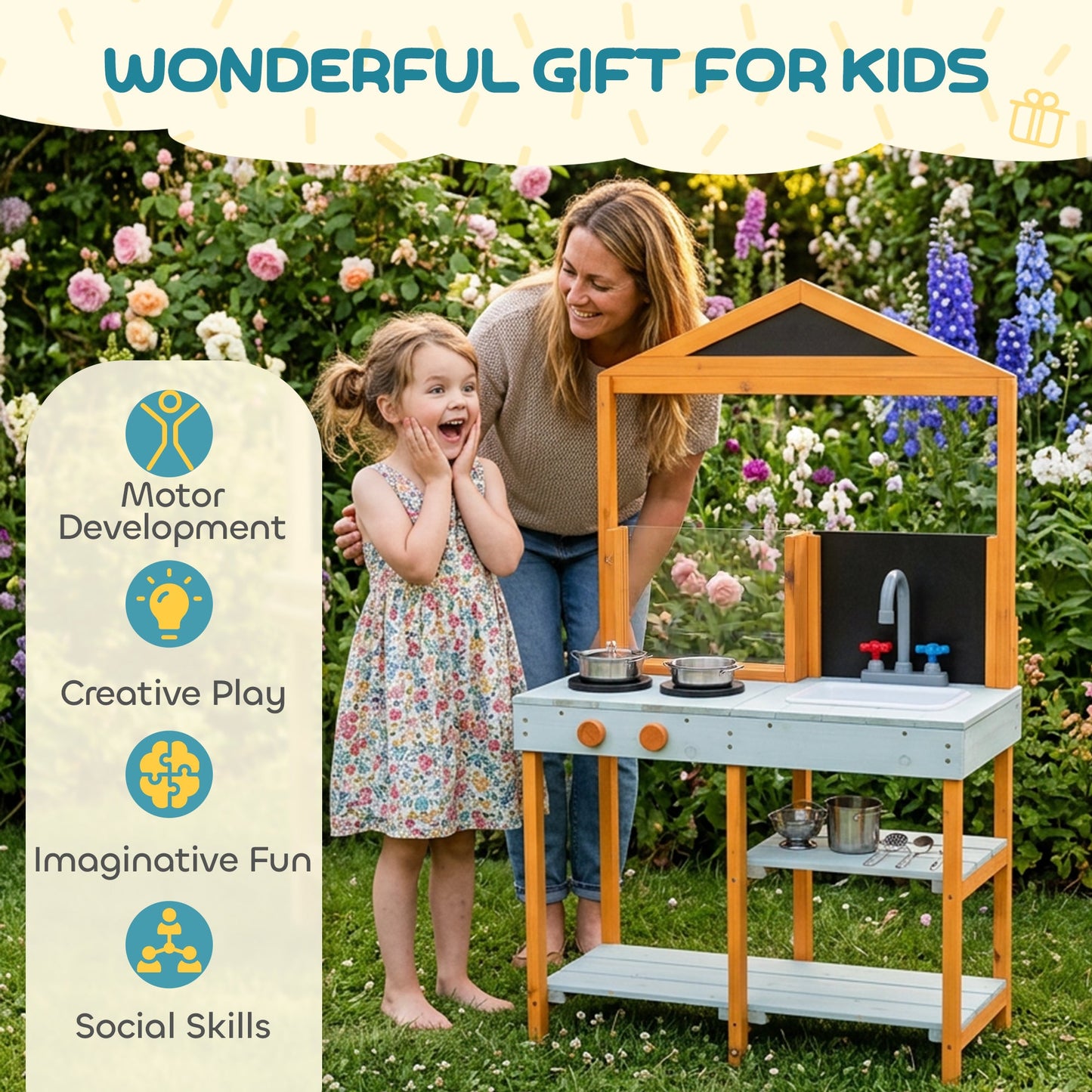 AIYAPLAY Mud Kitchen for Kids, Outdoor Wooden Play Kitchen with Sink, Stove, Cookware, Shelves, Pretend Play Toy for Ages 3-8