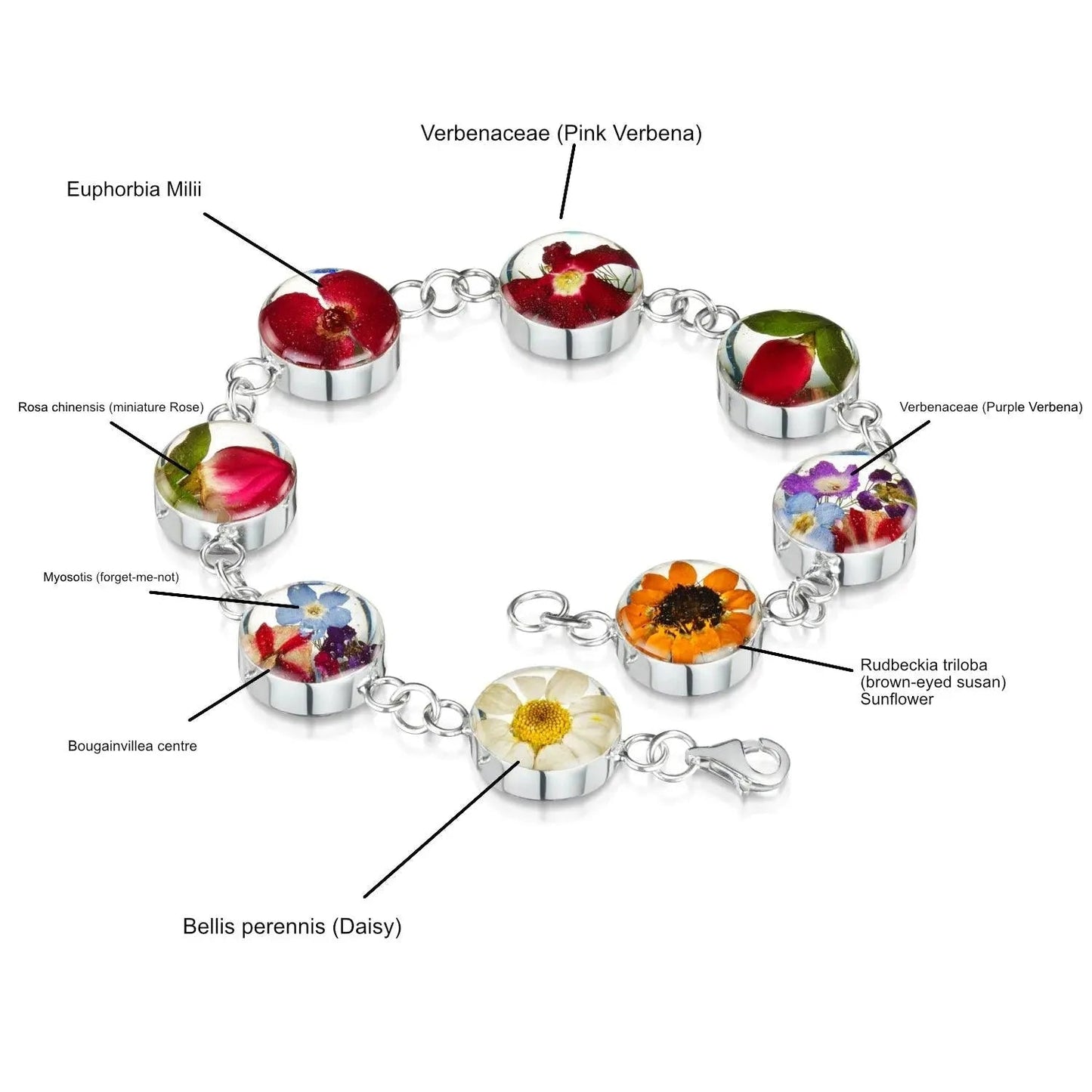 Sterling silver round link bracelet handmade with real flowers by Shrieking Violet