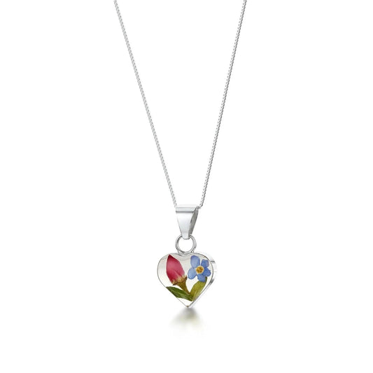 Sterling silver heart pendant with a real forget-me-not & miniature rose
