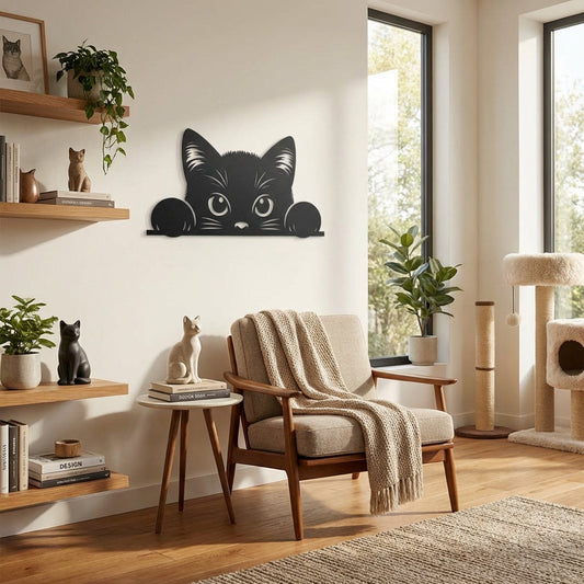 Curious Cat Metal Wall Art – Minimalist Playful Animal Decor