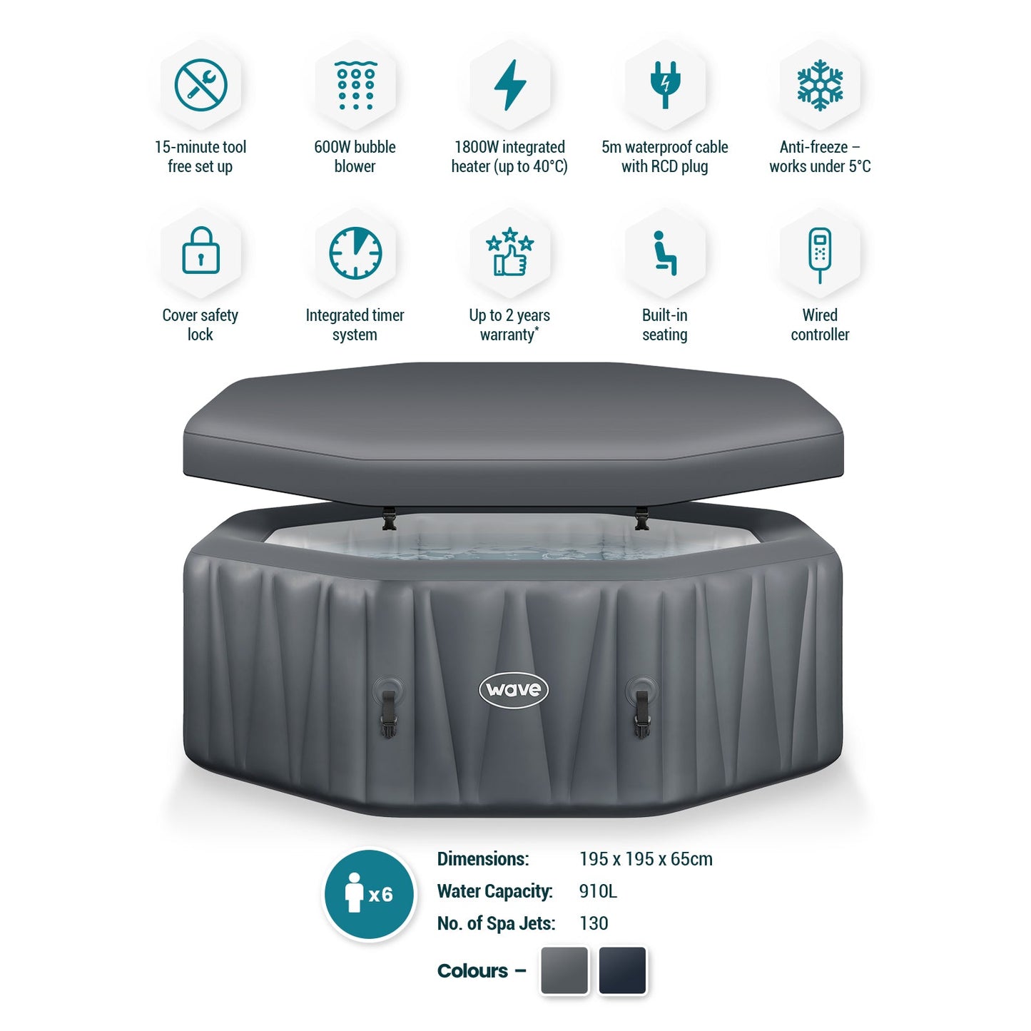 WaveSpa Aegean Inflatable Hot Tub with Integrated Heater – 4–6 Person