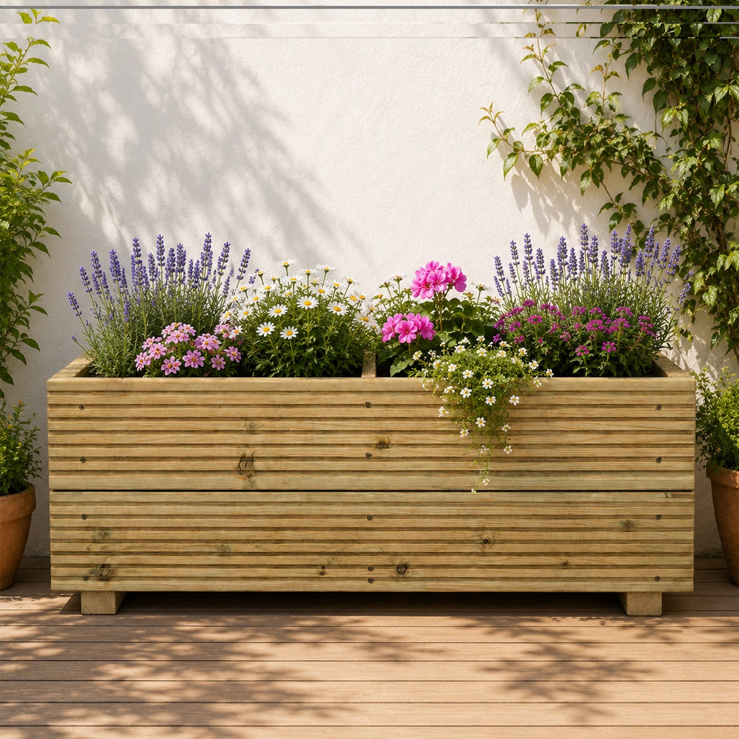 Large Decking Patio Planter With Central Divide – Pressure-Treated Outdoor Garden Planter 88 × 35 × 33 cm
