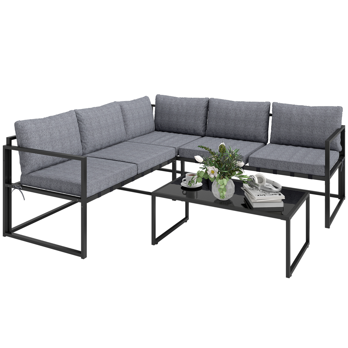 Outsunny 3 Piece L Shaped Garden Furniture Set with Cushions, Grey