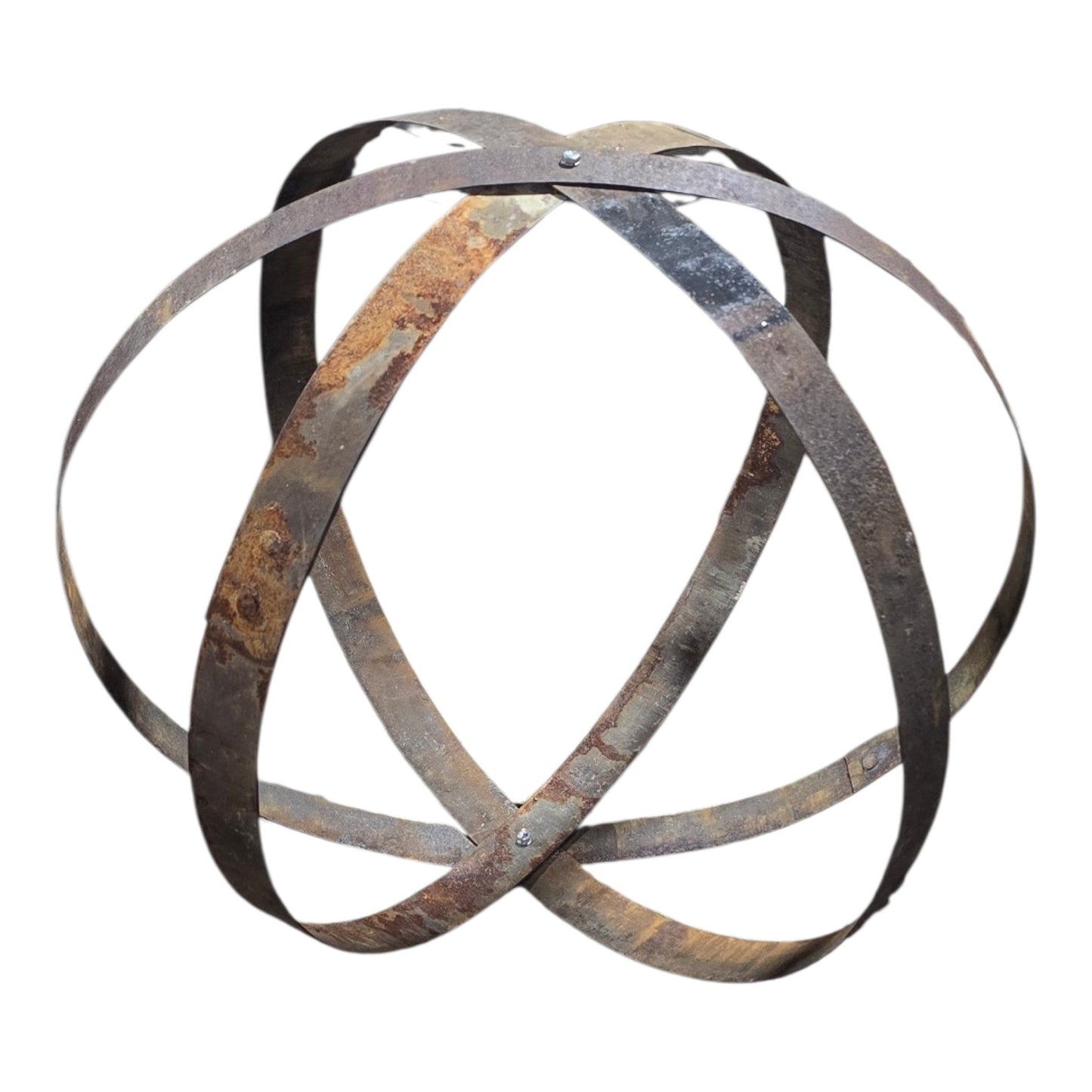 Garden Metal Sphere Sculpture – Reclaimed Rusty Whisky Barrel Hoop Ring 57–65cm Outdoor Garden Ornament