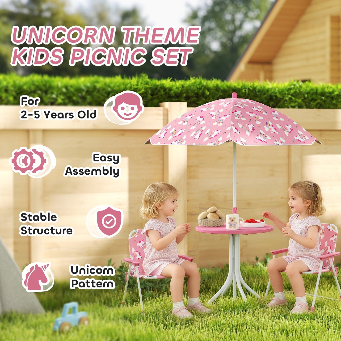 AIYAPLAY Kids Patio Table and Chair Set, Kids Garden Furniture with Umbrella, 4-Piece Bistro Set for Garden, Pink