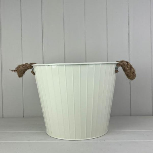 28cm Cream Round Tapered Zinc Planter with Rope Ears TD28cm H22cm B20cm and Drainage Hole