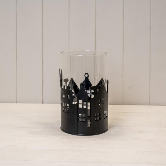 Large Black Metal House Scene Candle Holder with Glass Insert
