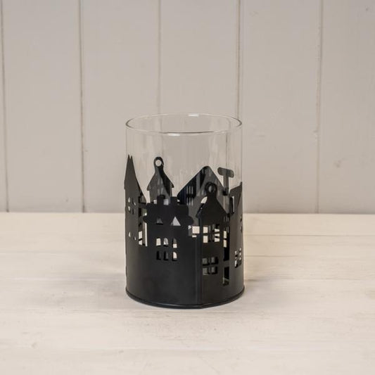 Medium Black Metal House Scene Candle Holder with Glass Insert