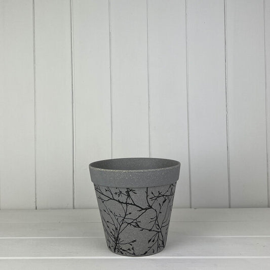 Earthy Warm Grey Straw Flower Pot With Silhouette Branch Design 15cmx13.5cm  Weight-1540g