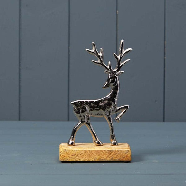 Silver Deer on Wooden Base 10.5x5x18cm