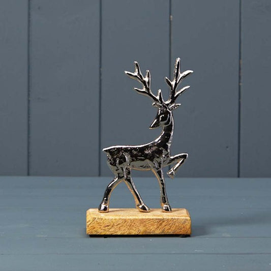 Silver Deer on Wooden Base 10.5x5x18cm