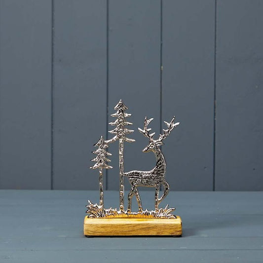Silver Deer with Trees on Wooden Base 13x5x18cm