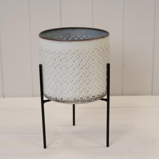 Small Cream Metal Decorative Pot on Black Metal Stand D15cm H14/25cm  Weight-339g