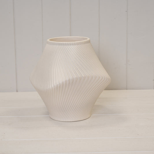 Short Beige Sculptural Ribbed Vase