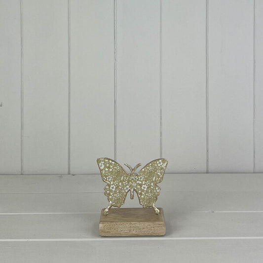 Light Green Metal Butterfly on Wooden Base 10x12x5cm