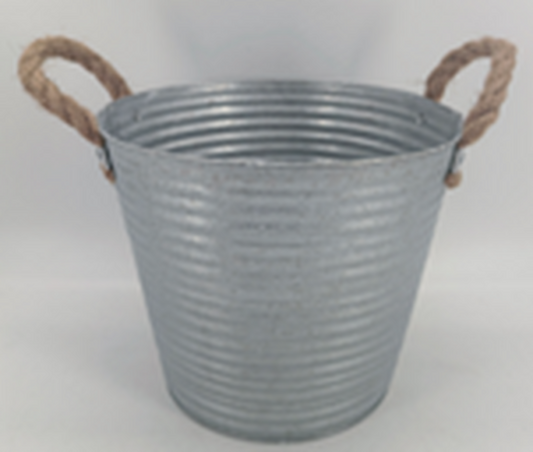 23cm Aged Zinc Planter with Rope Handles & Drainage Hole