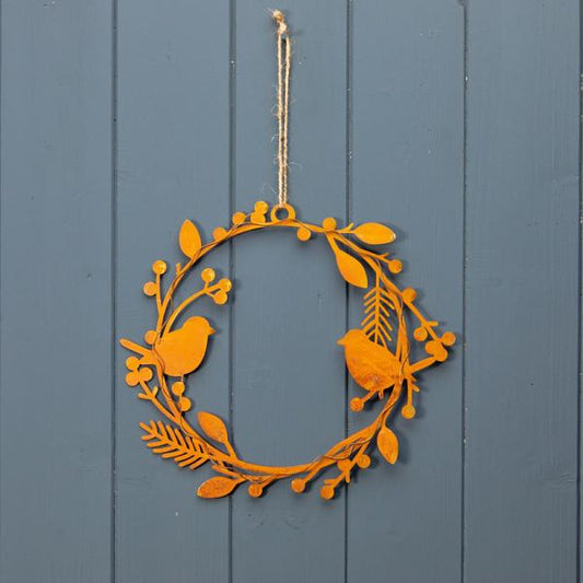 Round Autumnal Perching Bird Wreath in Orange