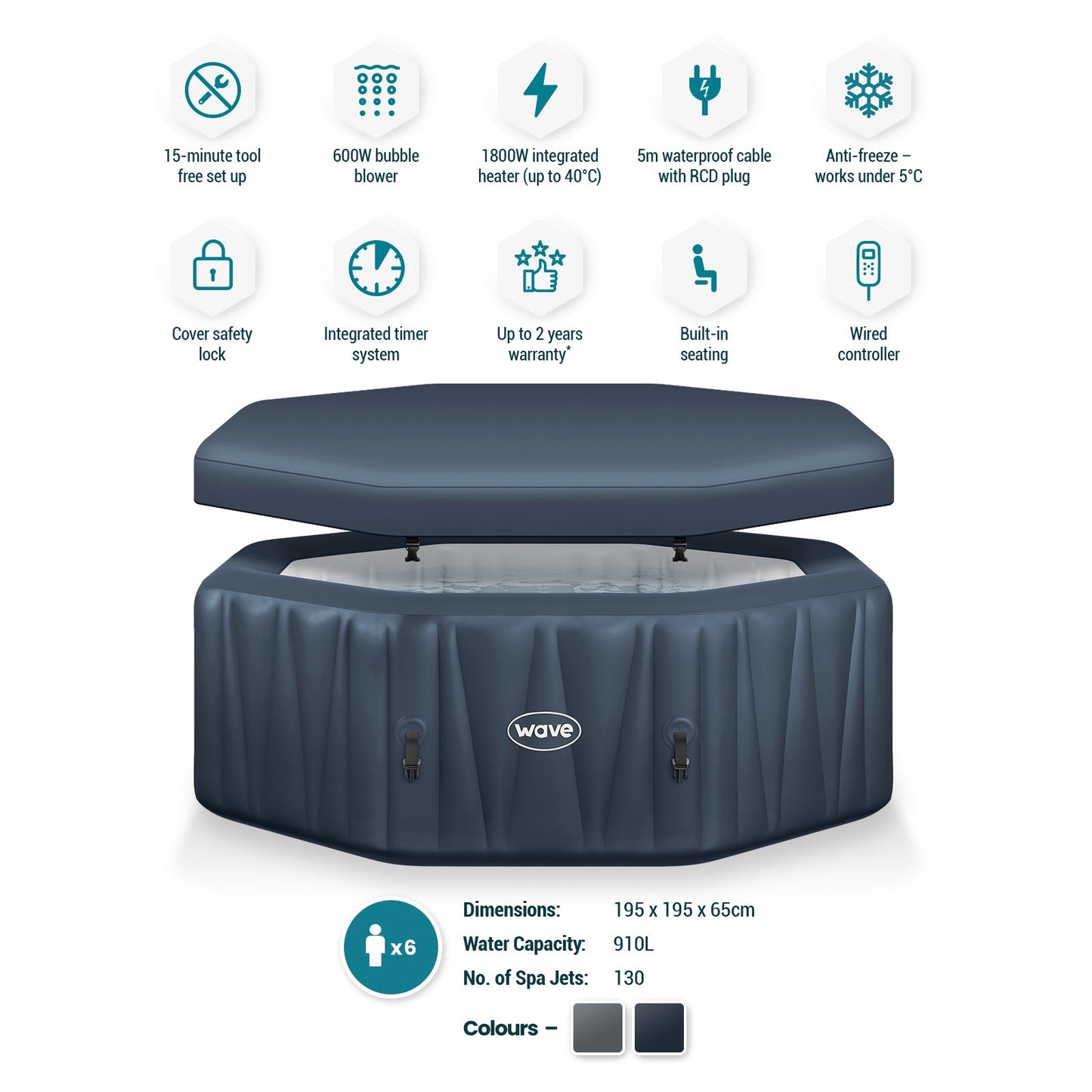 WaveSpa Aegean Inflatable Hot Tub with Integrated Heater – 4–6 Person