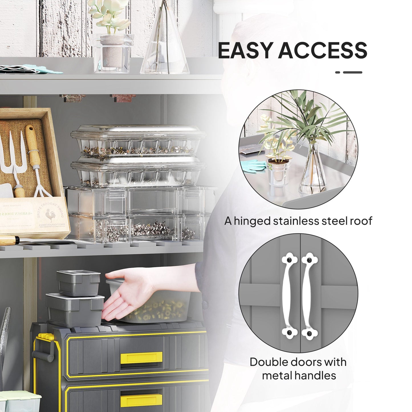 Outsunny Wooden Garden Storage Shed w/Hinged Roof and Shelf, Grey