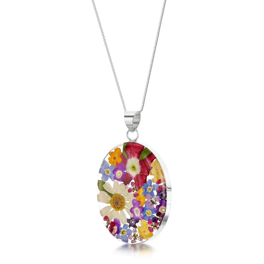 Mixed Flower Large Oval Pendant Necklace