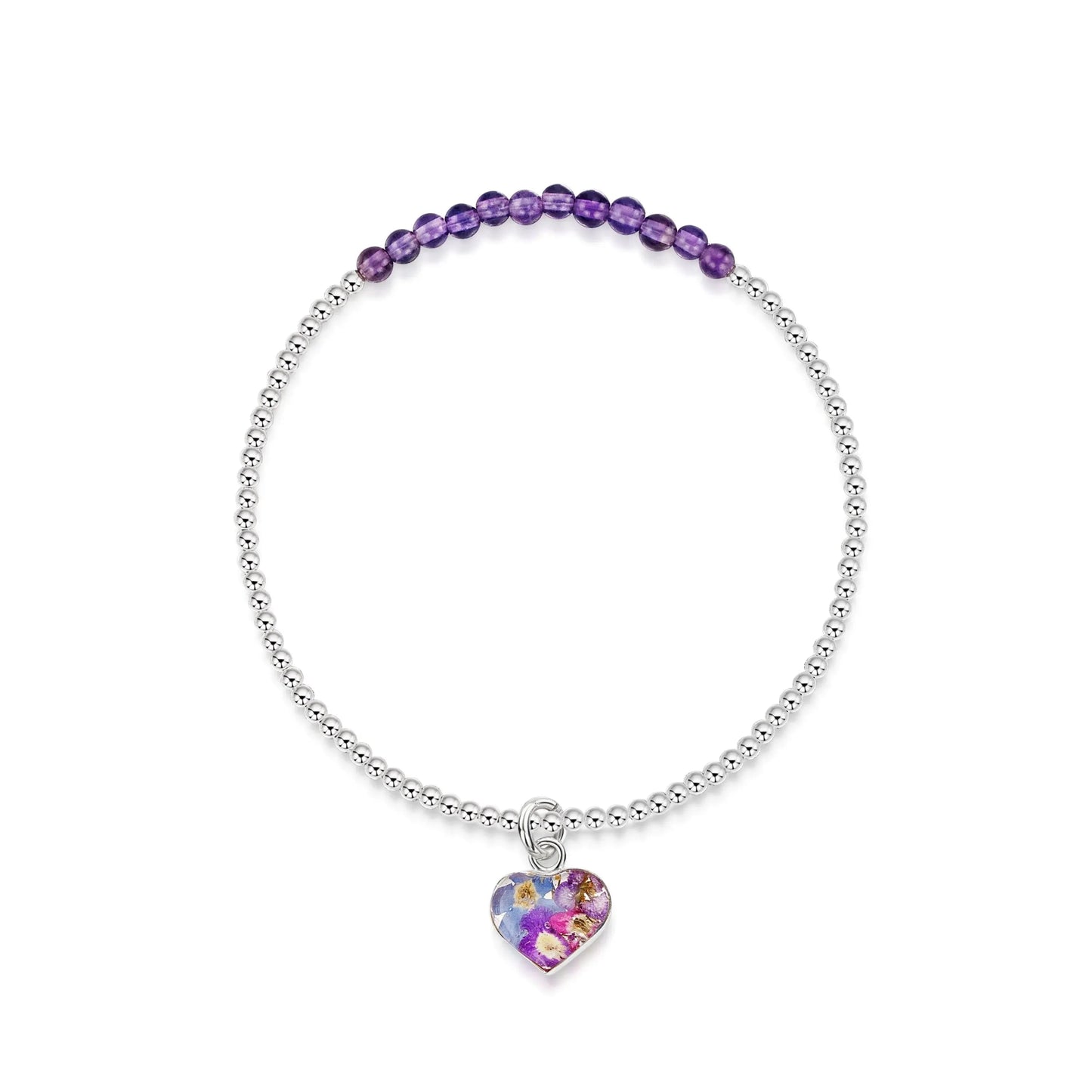 Purple Haze Amethyst Heart Stretch Silver Beaded Bracelet