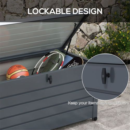 Outsunny 331 Litre Garden Storage Box, Waterproof Outdoor Storage Box for Tools, Cushions, Lockable Galvanised Steel Outside Deck Box Organiser with Wheels and Handles, Dark Grey