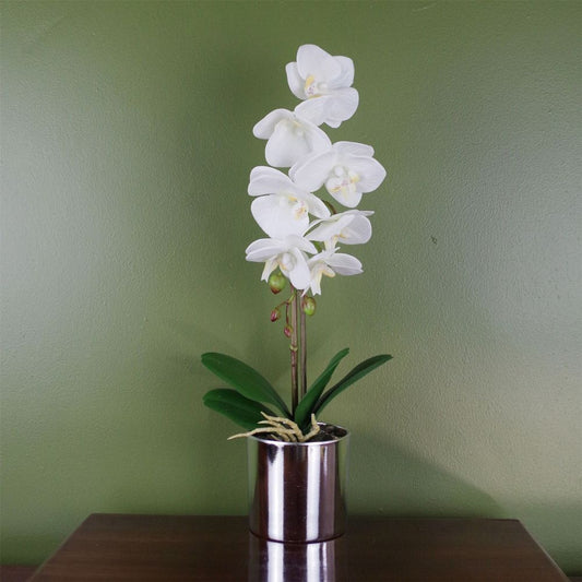 Realistic 46cm White Orchid with Silver Pot - High Quality Artificial Plant
