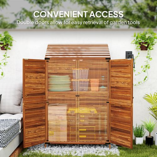 Outsunny Wooden Garden Storage Shed w/Double Doors and Shelves, Mixed-Brown
