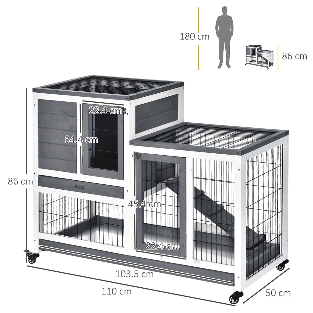 PawHut Wooden Indoor Rabbit Hutch Guinea Pig House Bunny Small Animal Cage W/Wheels Enclosed Run 110 x 50 x 86 cm, Grey