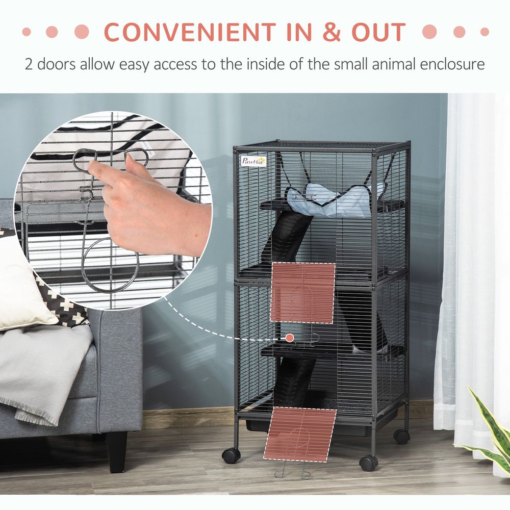 PawHut Small Animal Cage with Wheels Pet Home for Chinchillas Ferrets Kittens, with Hammock, 4 Platforms, Removable Tray, Grey